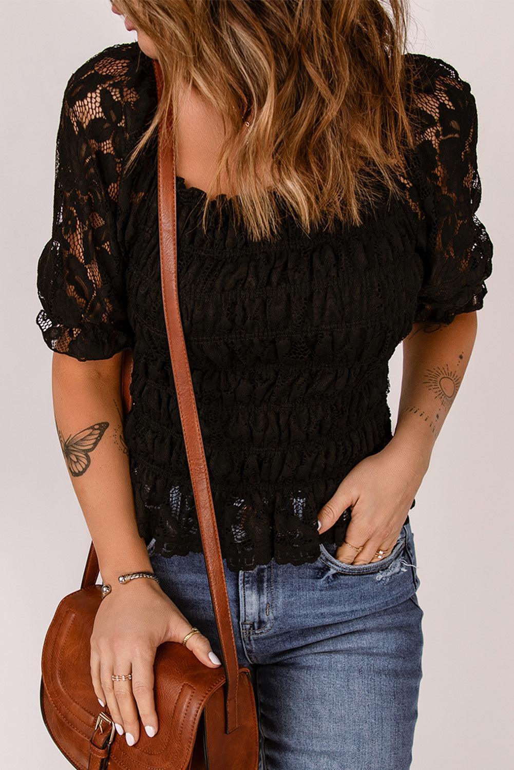 Just Me Lace Half Sleeve Smocked Blouse - MXSTUDIO.COM