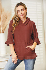 Kangaroo Pocket Ruffle Hem Waffle-Knit Hoodie - MXSTUDIO.COM