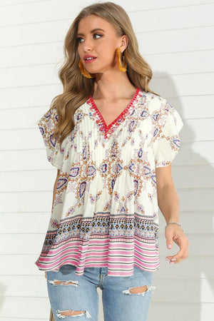 Kawaii Flutter Sleeve V-Neck Bohemian Blouse - MXSTUDIO.COM