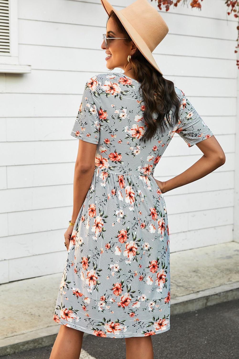 Keep it Simple Floral Short Sleeve Midi Dress - MXSTUDIO.COM