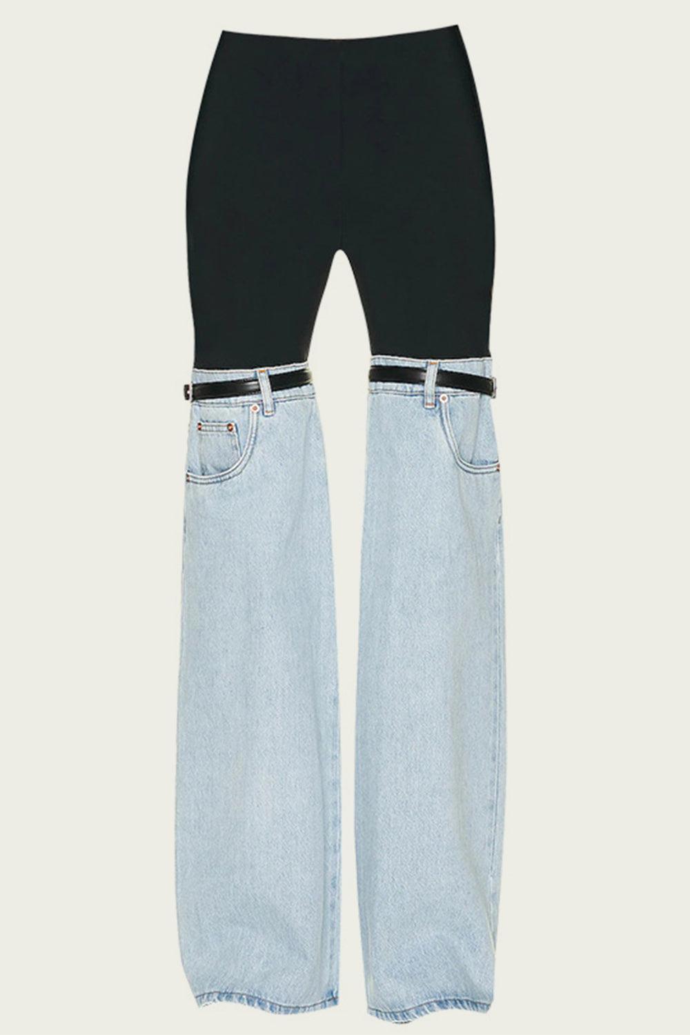 a pair of blue jeans with a black belt