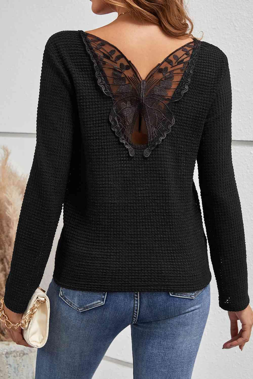 Lace Back Detail V-Neck Twist Front Sweater-MXSTUDIO.COM