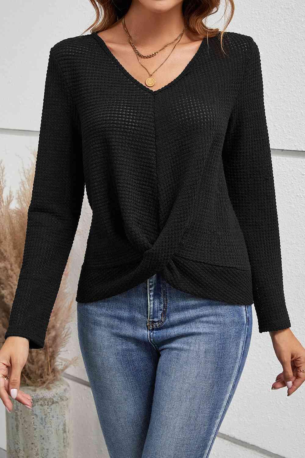 Lace Back Detail V-Neck Twist Front Sweater-MXSTUDIO.COM