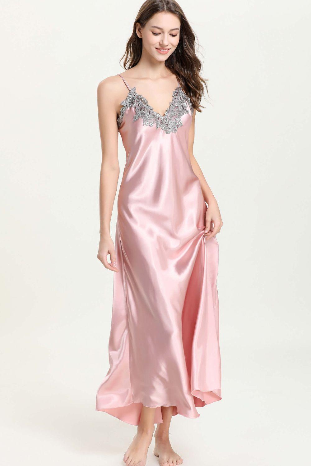 Lace Detail Neckline Satin Night Dress - MXSTUDIO.COM