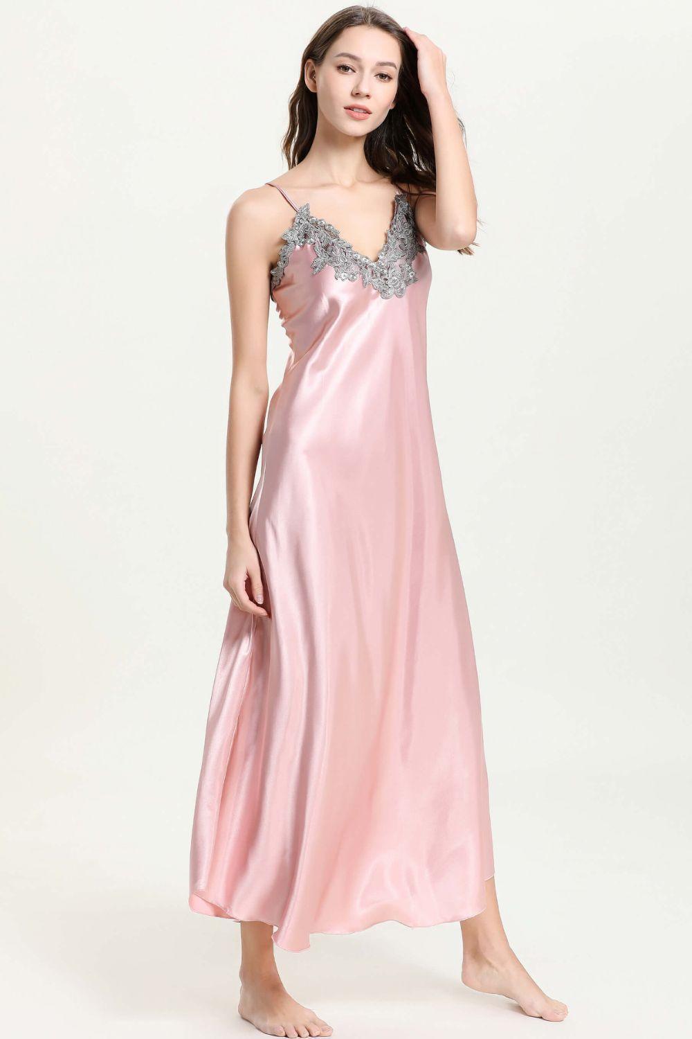 Lace Detail Neckline Satin Night Dress - MXSTUDIO.COM