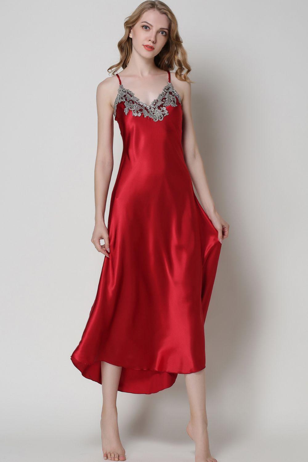 Lace Detail Neckline Satin Night Dress - MXSTUDIO.COM