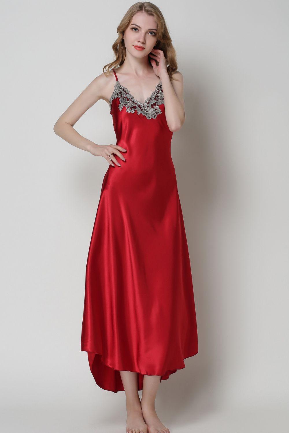 Lace Detail Neckline Satin Night Dress - MXSTUDIO.COM