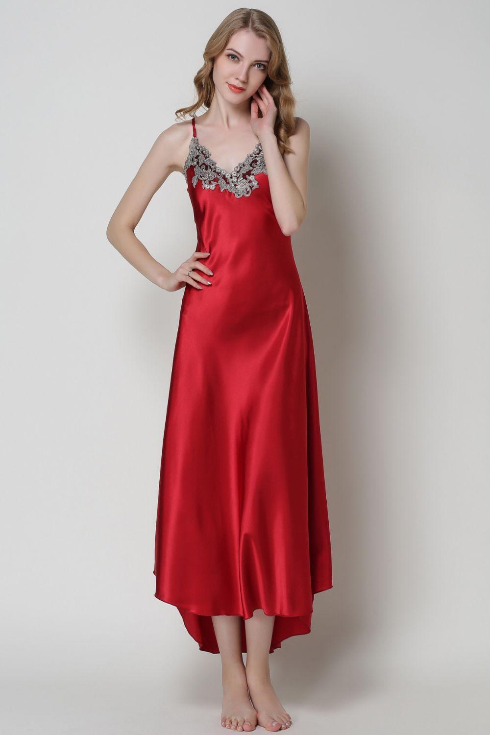 Lace Detail Neckline Satin Night Dress - MXSTUDIO.COM