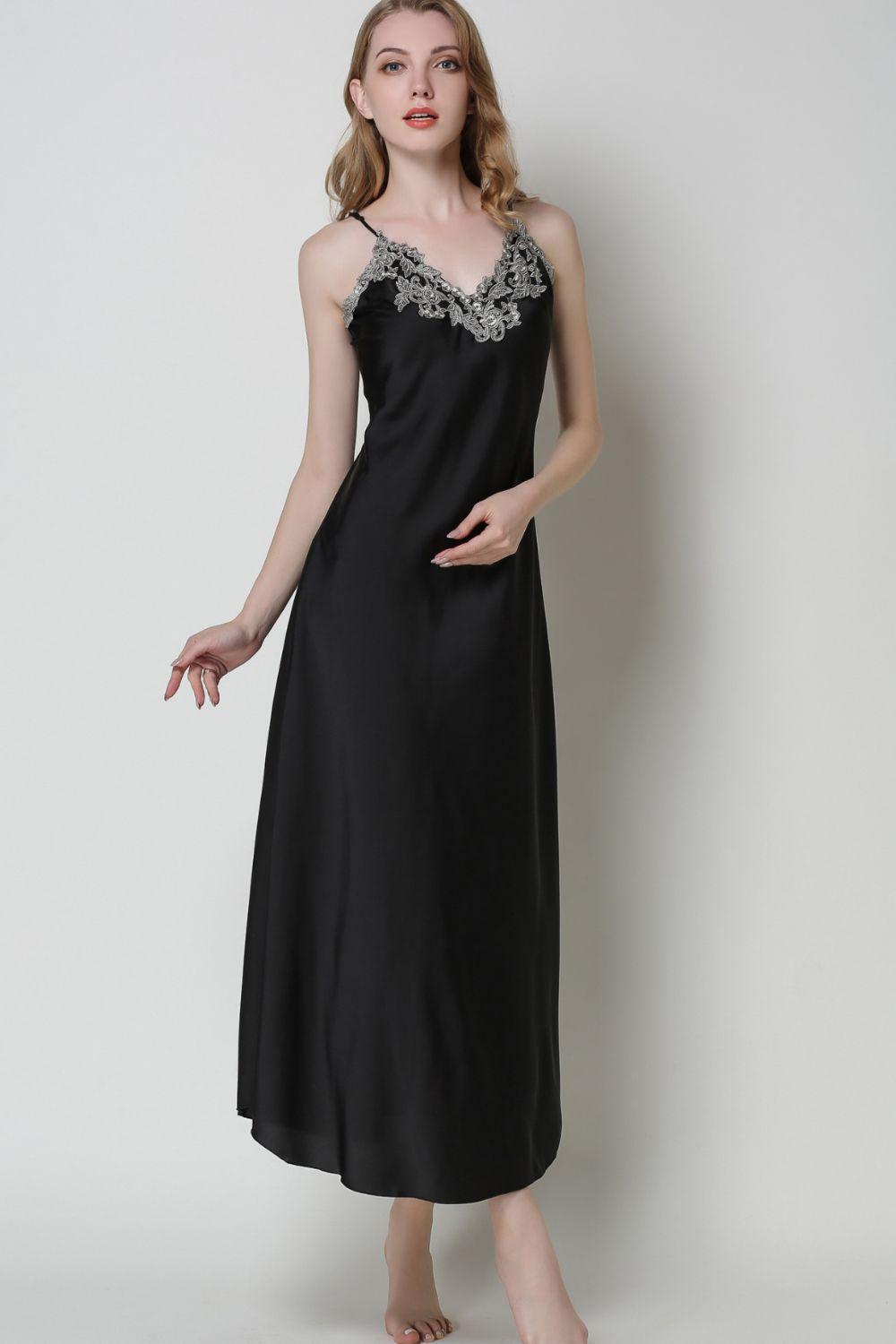 Lace Detail Neckline Satin Night Dress - MXSTUDIO.COM