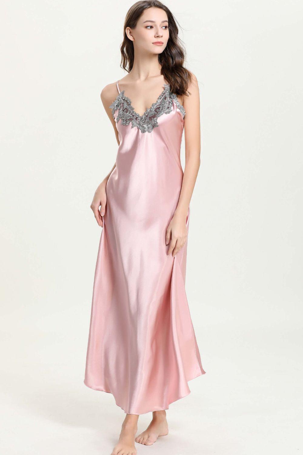 Lace Detail Neckline Satin Night Dress - MXSTUDIO.COM