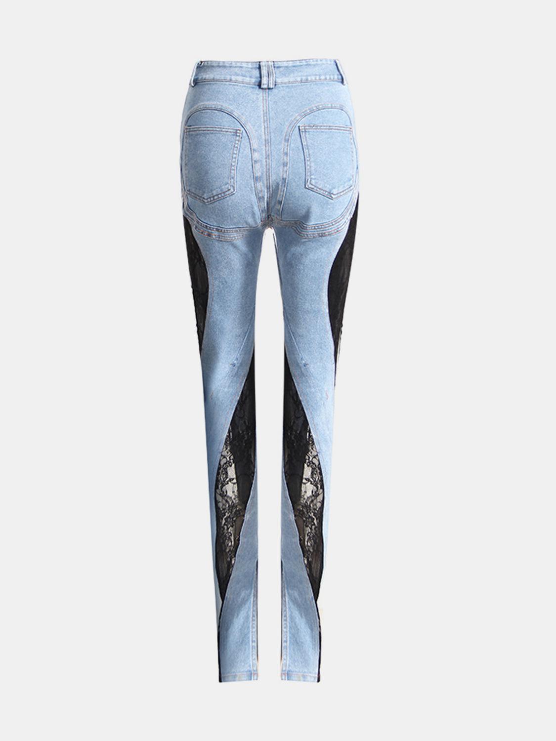a pair of jeans with a patchwork design
