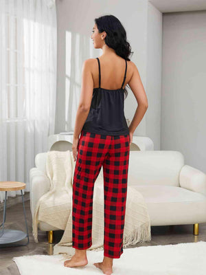 Lace Trim Cami And Plaid Pants Two Piece Lounge Set - MXSTUDIO.COM