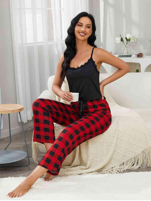 Lace Trim Cami And Plaid Pants Two Piece Lounge Set - MXSTUDIO.COM