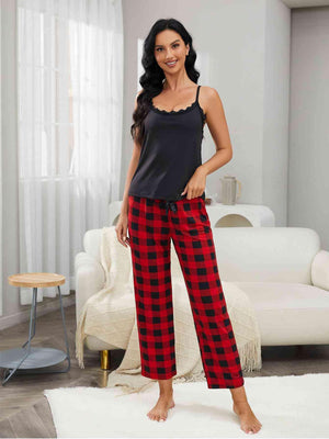 Lace Trim Cami And Plaid Pants Two Piece Lounge Set - MXSTUDIO.COM