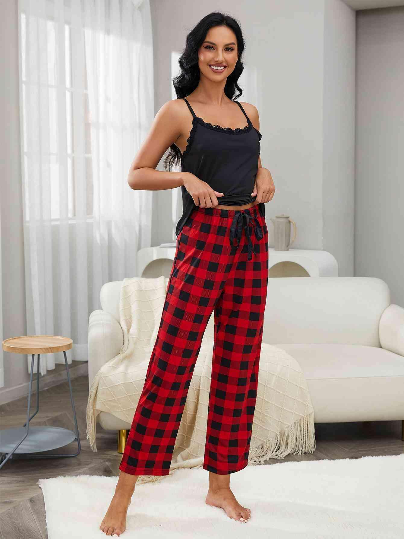 Lace Trim Cami And Plaid Pants Two Piece Lounge Set - MXSTUDIO.COM