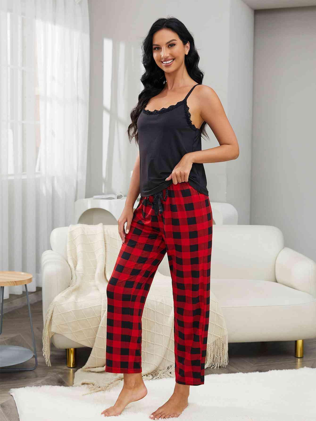 Lace Trim Cami And Plaid Pants Two Piece Lounge Set - MXSTUDIO.COM