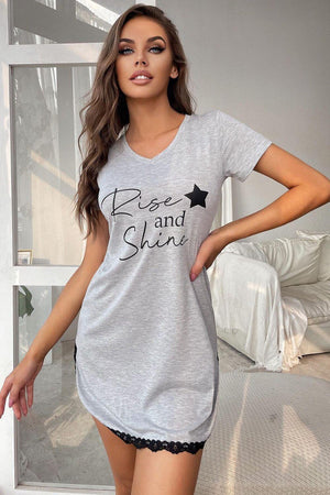 Lace Trim RISE AND SHINE Graphic Sleep Dress - MXSTUDIO.COM