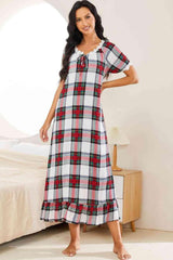 Lace Trim Ruffle Hem Plaid Nightgown - MXSTUDIO.COM