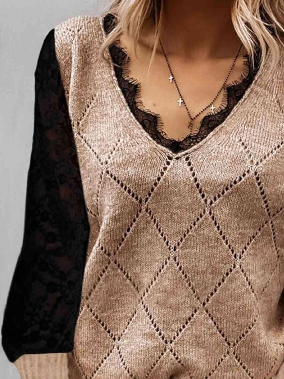 Lace Trim V Neck Knit Two Tone Sweater-MXSTUDIO.COM