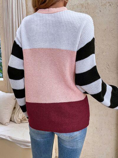 Lace Up Tie Front Color Block Knit Sweater-MXSTUDIO.COM