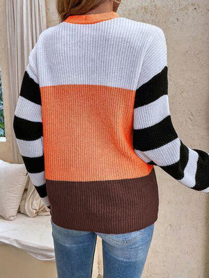 Lace Up Tie Front Color Block Knit Sweater-MXSTUDIO.COM