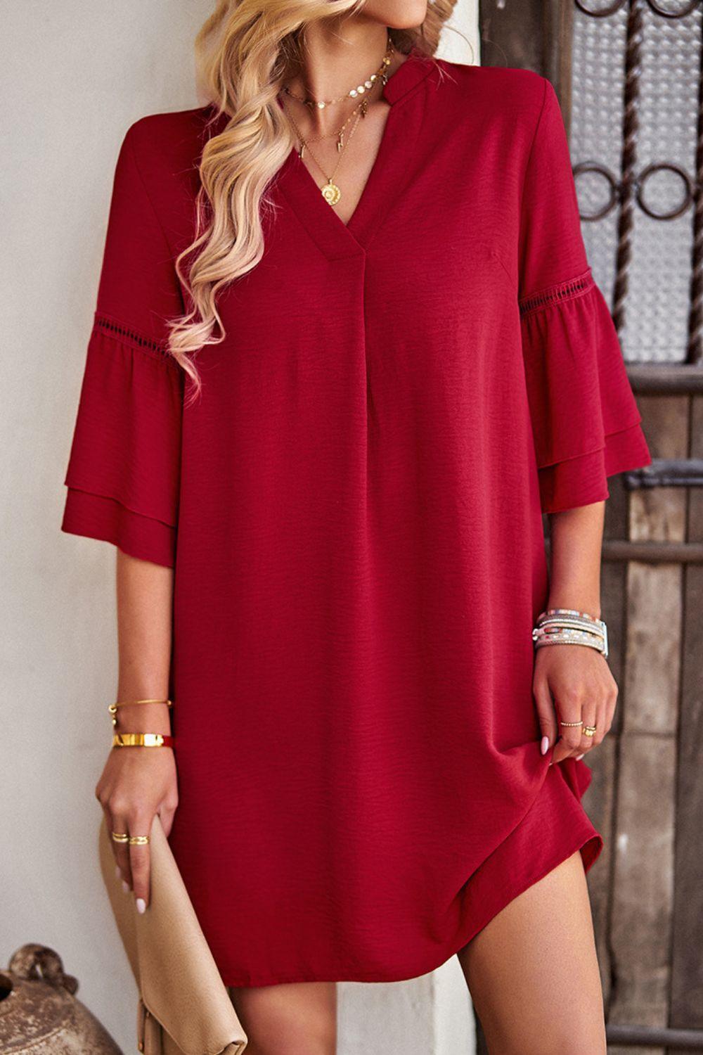 Lady Boss Notched Neck Flounce Sleeve Dress - MXSTUDIO.COM