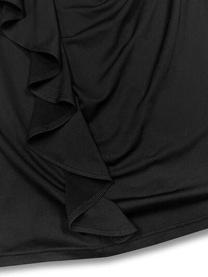 a close up of a black dress with ruffles