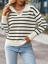 Laid-Back Fall Striped Collared Knit Sweater-MXSTUDIO.COM