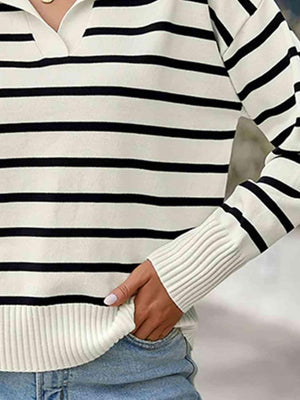 Laid-Back Fall Striped Collared Knit Sweater-MXSTUDIO.COM