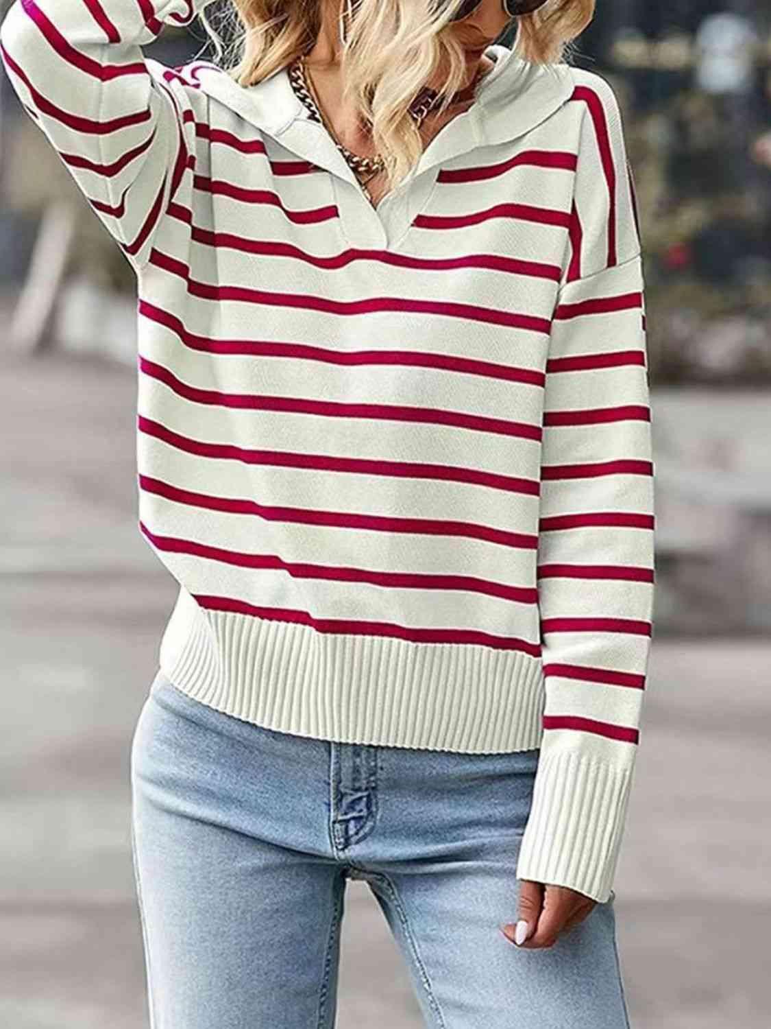 Laid-Back Fall Striped Collared Knit Sweater-MXSTUDIO.COM