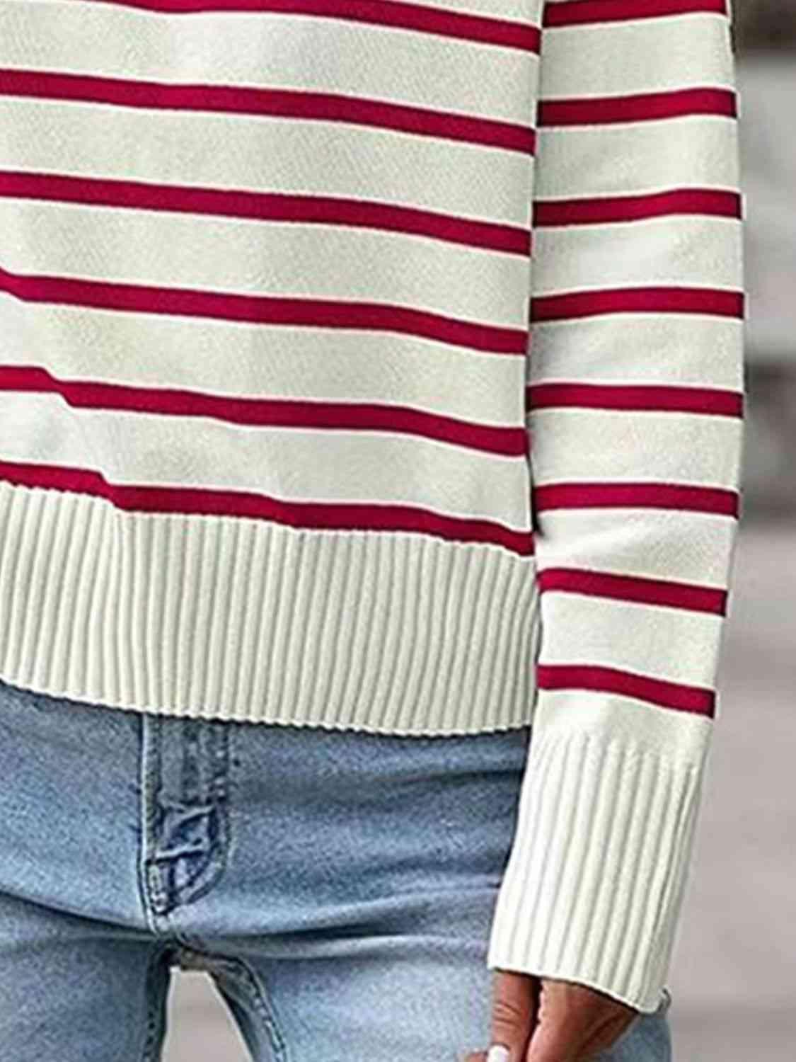 Laid-Back Fall Striped Collared Knit Sweater-MXSTUDIO.COM