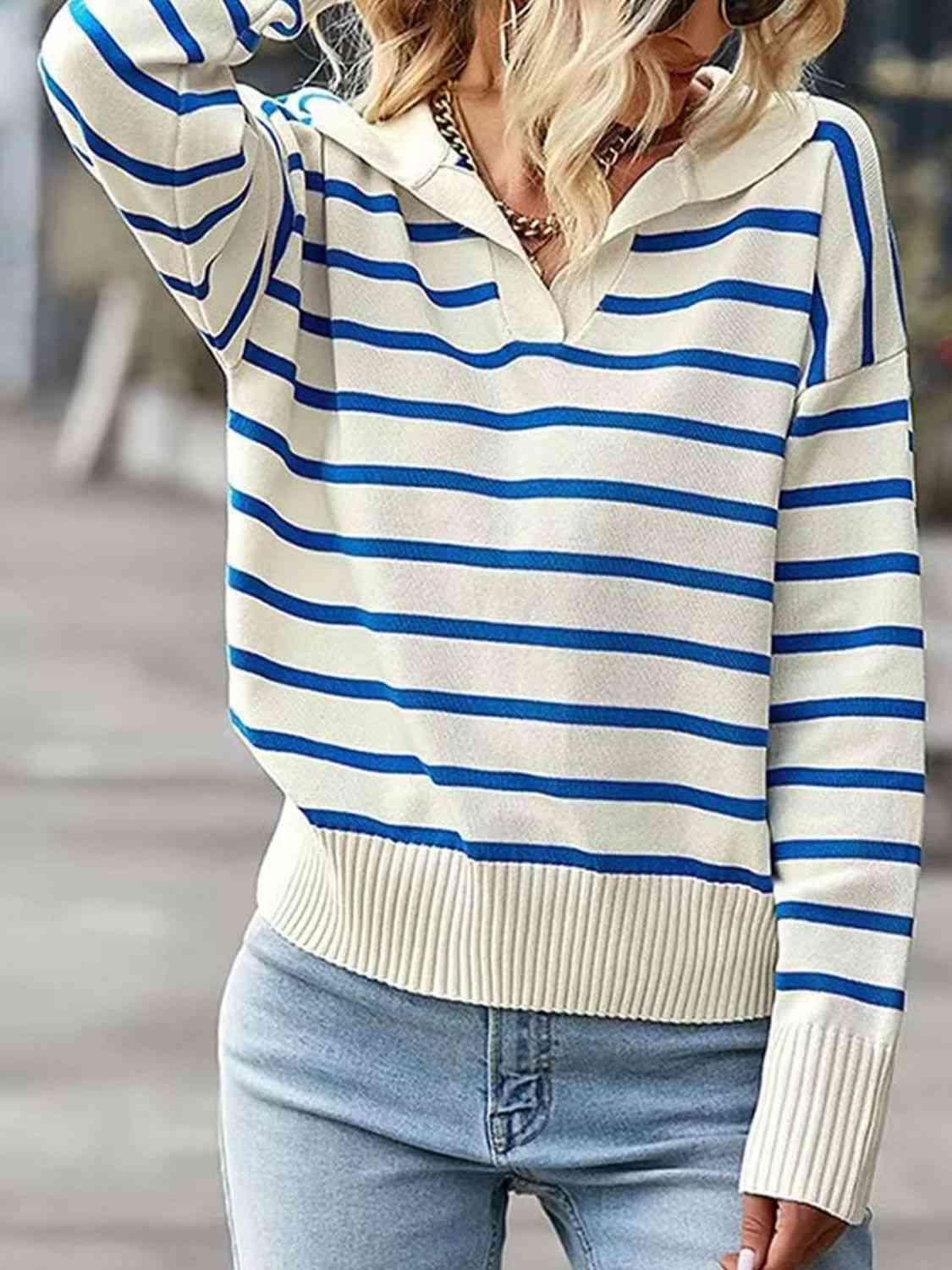 Laid-Back Fall Striped Collared Knit Sweater-MXSTUDIO.COM