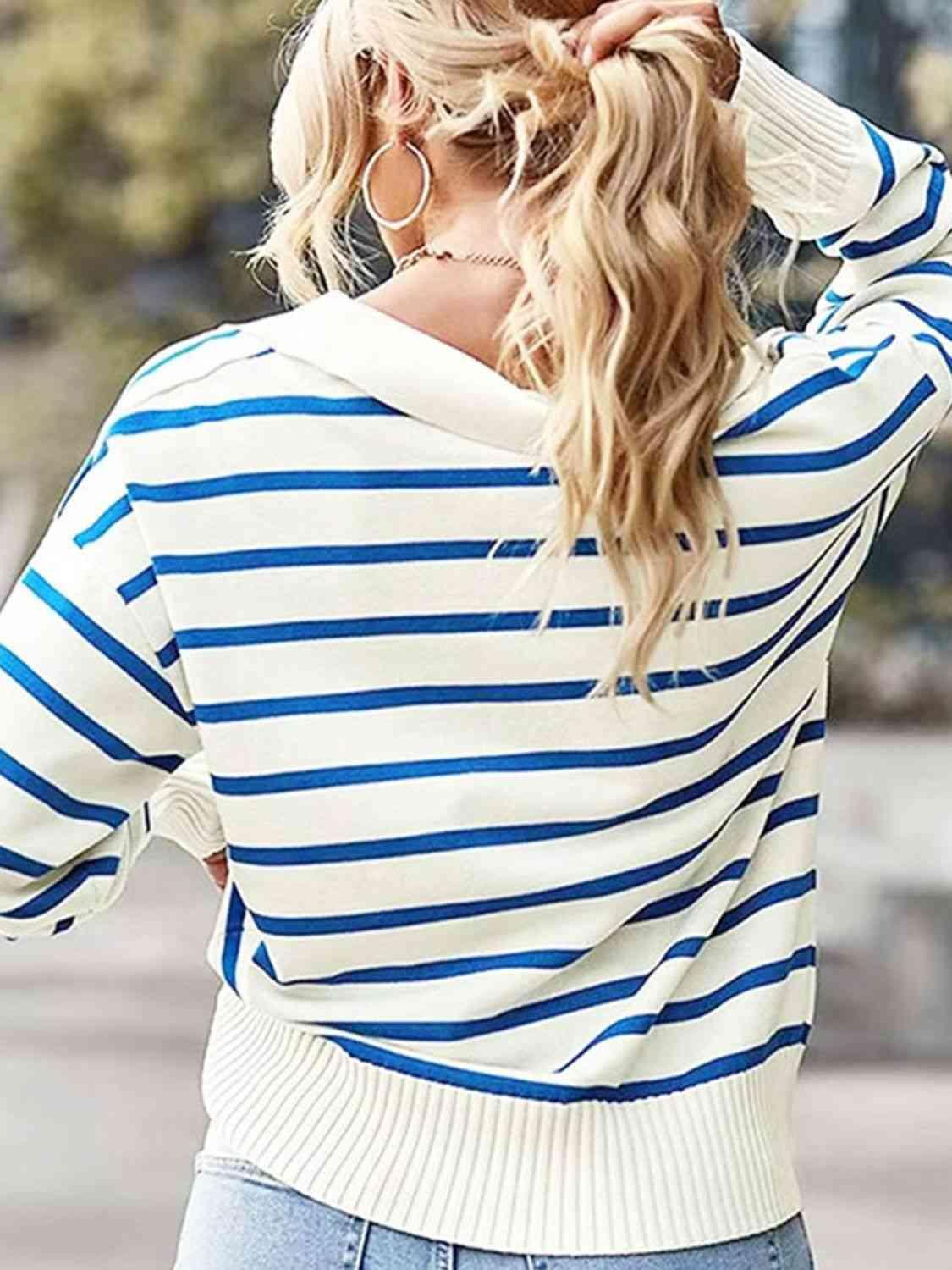 Laid-Back Fall Striped Collared Knit Sweater-MXSTUDIO.COM