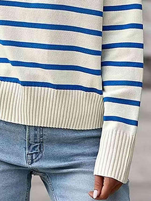 Laid-Back Fall Striped Collared Knit Sweater-MXSTUDIO.COM