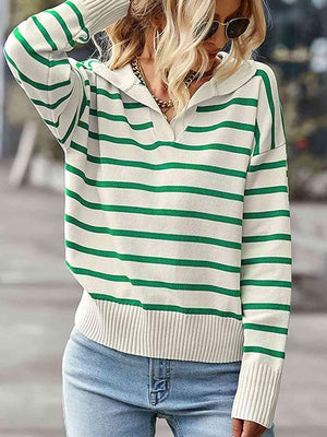 Laid-Back Fall Striped Collared Knit Sweater-MXSTUDIO.COM