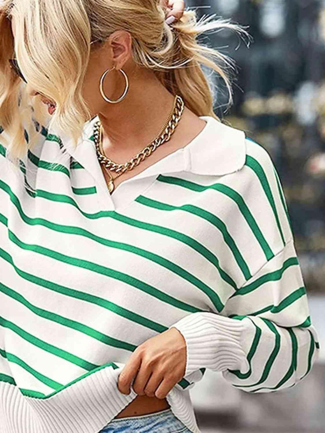 Laid-Back Fall Striped Collared Knit Sweater-MXSTUDIO.COM