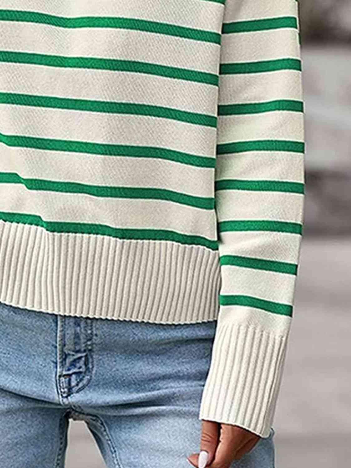 Laid-Back Fall Striped Collared Knit Sweater-MXSTUDIO.COM