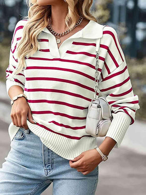 Laid-Back Fall Striped Collared Knit Sweater-MXSTUDIO.COM