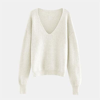 Laid-Back Feels V Neck Rib Knit Sweater-MXSTUDIO.COM