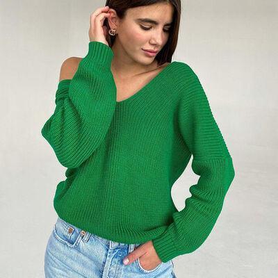 Laid-Back Feels V Neck Rib Knit Sweater-MXSTUDIO.COM