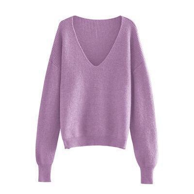 Laid-Back Feels V Neck Rib Knit Sweater-MXSTUDIO.COM