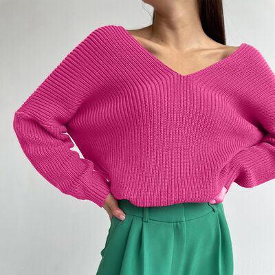 Laid-Back Feels V Neck Rib Knit Sweater-MXSTUDIO.COM