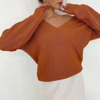 Laid-Back Feels V Neck Rib Knit Sweater-MXSTUDIO.COM