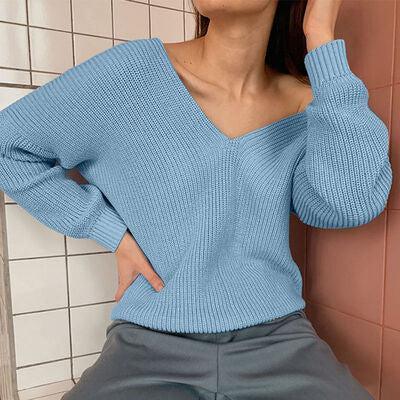 Laid-Back Feels V Neck Rib Knit Sweater-MXSTUDIO.COM