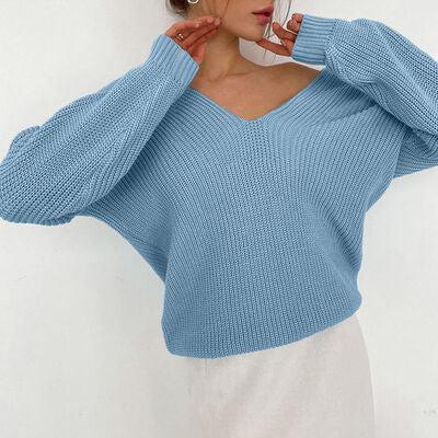 Laid-Back Feels V Neck Rib Knit Sweater-MXSTUDIO.COM