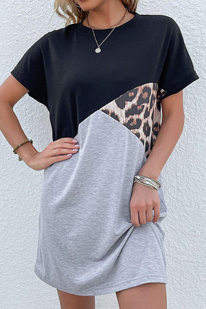 Laid-Back Leopard Round Neck Tee Mini Dress - MXSTUDIO.COM