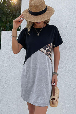 Laid-Back Leopard Round Neck Tee Mini Dress - MXSTUDIO.COM