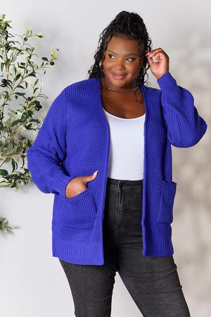 Laid-Back Vibe Waffle-Knit Open Front Blue Cardigan-MXSTUDIO.COM