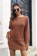 Lantern Sleeve Boat Neck Sweater Dress-MXSTUDIO.COM