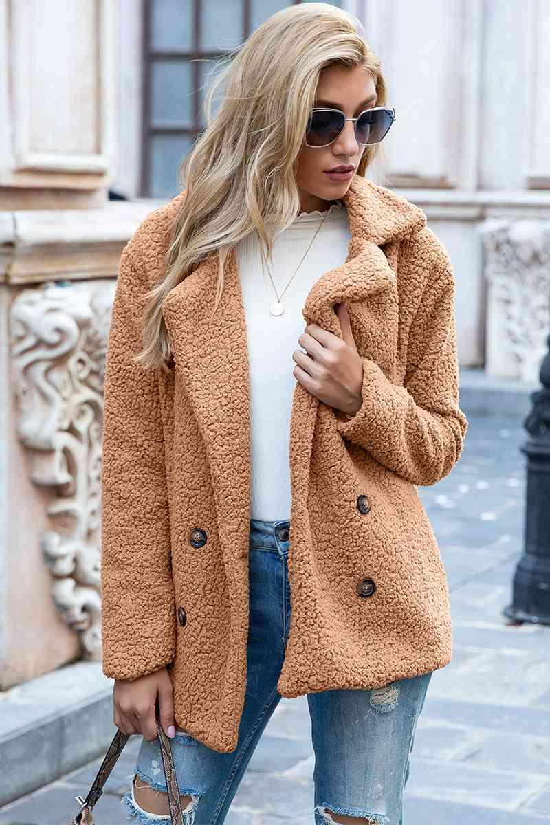 Lapel Collar Double-Breasted Sherpa Jacket - MXSTUDIO.COM